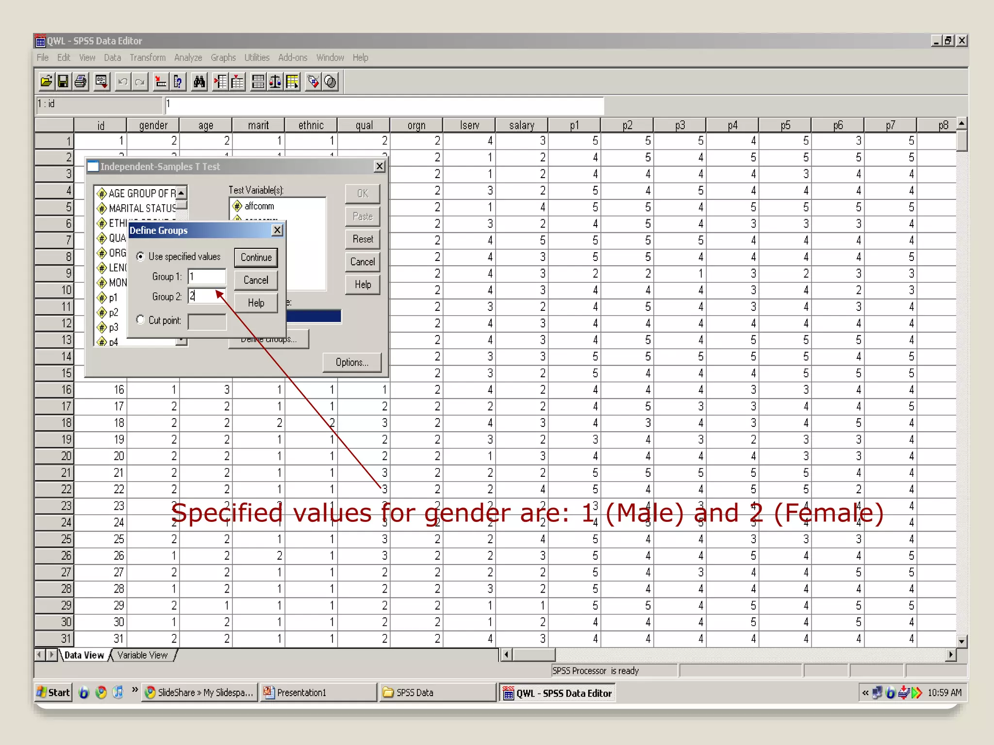 Specified values for gender are: 1 (Male) and 2 (Female)
 