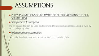 ASSUMPTIONS
 2 KEY ASSUMPTIONS TO BE AWARE OF BEFORE APPLYING THE CHI-
SQUARE TEST
 Sample Size Assumption:
The chi-square test can be used to determine differences in proportions using a two-by-
two contingency table. ...
 Independence Assumption:
Secondly, the chi-square test cannot be used on correlated data.
 