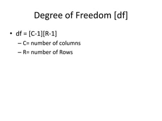 Degree of Freedom [df]
• df = [C-1][R-1]
– C= number of columns
– R= number of Rows
 