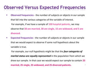  Observed frequencies - the number of subjects or objects in our sample
that fall into the various categories of the variable of interest.
For example, if we have a sample of 100 hospital patients, we may
observe that 50 are married, 30 are single, 15 are widowed, and 5 are
divorced.
 Expected frequencies - the number of subjects or objects in our sample
that we would expect to observe if some null hypothesis about the
variable is true.
For example, our null hypothesis might be that the four categories of
marital status are equally represented in the population from which we
drew our sample. In that case we would expect our sample to contain 25
married, 25 single, 25 widowed, and 25 divorced patients. 7
 
