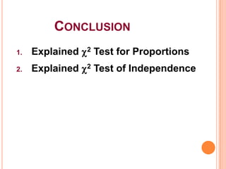 CONCLUSION
1.

Explained 2 Test for Proportions

2.

Explained 2 Test of Independence

 