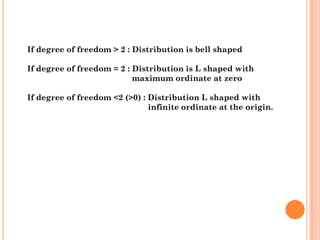 If degree of freedom > 2 : Distribution is bell shaped

If degree of freedom = 2 : Distribution is L shaped with
                           maximum ordinate at zero

If degree of freedom <2 (>0) : Distribution L shaped with
                               infinite ordinate at the origin.
 