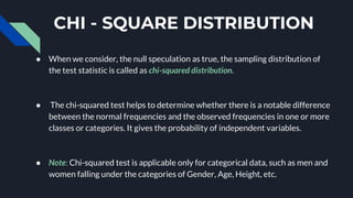 CHI - SQUARE DISTRIBUTION
● When we consider, the null speculation as true, the sampling distribution of
the test statistic is called as chi-squared distribution.
● The chi-squared test helps to determine whether there is a notable difference
between the normal frequencies and the observed frequencies in one or more
classes or categories. It gives the probability of independent variables.
● Note: Chi-squared test is applicable only for categorical data, such as men and
women falling under the categories of Gender, Age, Height, etc.
 