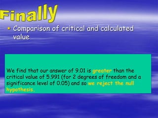  Comparison of critical and calculated
value
We find that our answer of 9.01 is greater than the
critical value of 5.991 (for 2 degrees of freedom and a
significance level of 0.05) and so we reject the null
hypothesis.
 
