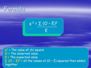 Formula
χ 2 = ∑ (O – E)2
E
χ2 = The value of chi square
O = The observed value
E = The expected value
∑ (O – E)2 = all the values of (O – E) squared then added
together
 