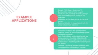 Example 1: Chi-Square Goodness of Fit
Question: Does a die roll result in equal
distribution (1/6 probability for each number)?
Data: Observed frequencies from a die roll
experiment.
Hypothesis: Ho (The die is fair) vs. Ha (The die is
not fair).
Outcome: Calculate χ2
and compare it with the
critical value to make a decision.
EXAMPLE
APPLICATIONS
Example 2: Chi-Square Test of Independence
Question: Is there an association between gender
and voting preference?
Data: Cross-tabulate gender (Male/Female) and
voting preference (Candidate A/Candidate B).
Hypothesis: Ho (Voting preference and gender are
independent) vs. Ha (Voting preference and gender
are related).
Outcome: Calculate χ2
, degrees of freedom, and
compare with the critical value to conclude.
1
2
 