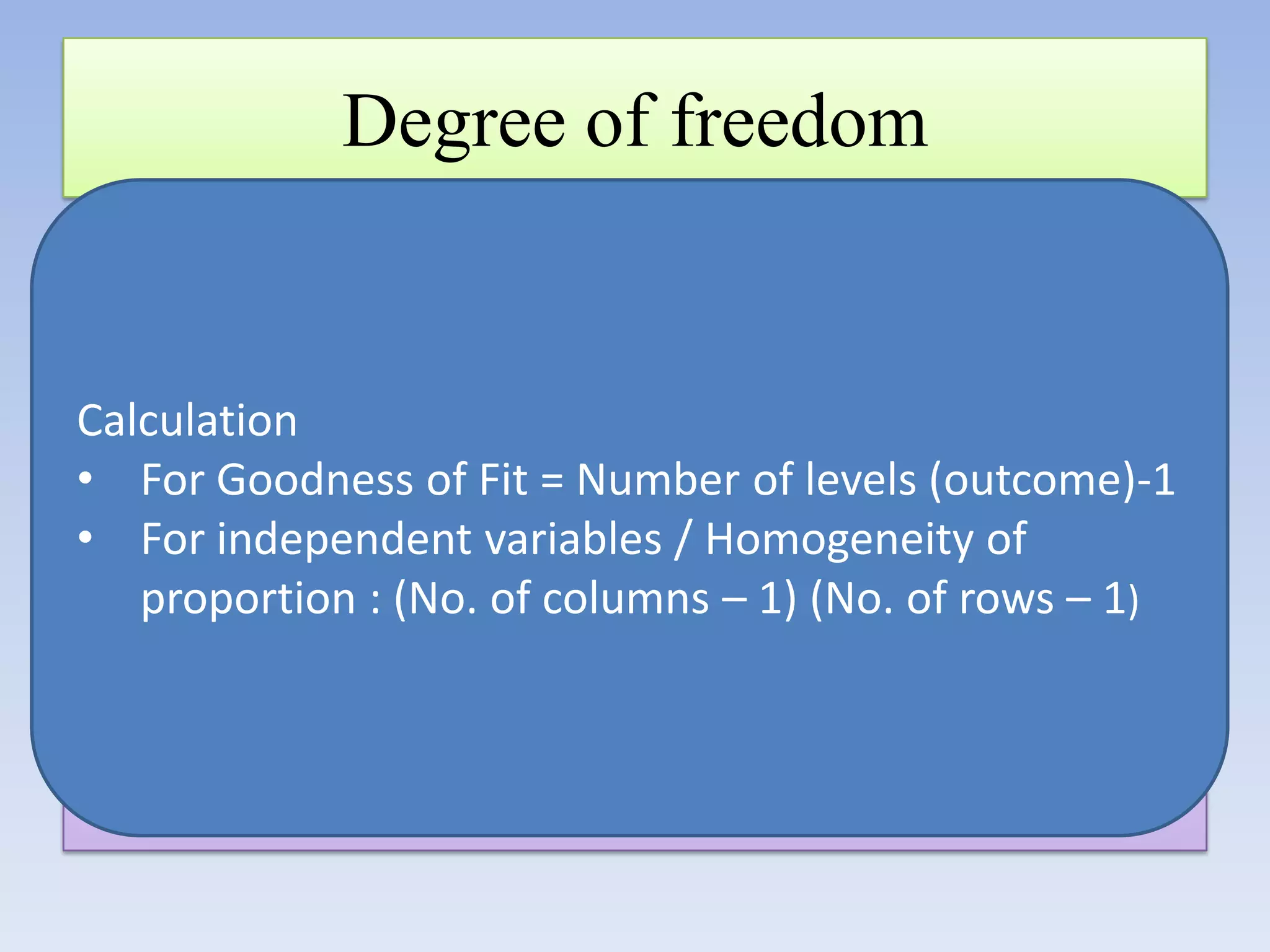 Degree of freedom
It is positive whole number that indicates the
lack of restrictions in calculations.
Calculation
• For Goodness of Fit = Number of levels (outcome)-1
• For independent variables / Homogeneity of
The degree of (No. of columns –numberof rows – 1) in
proportion : freedom is the 1) (No. of values

a calculation that can vary.

 