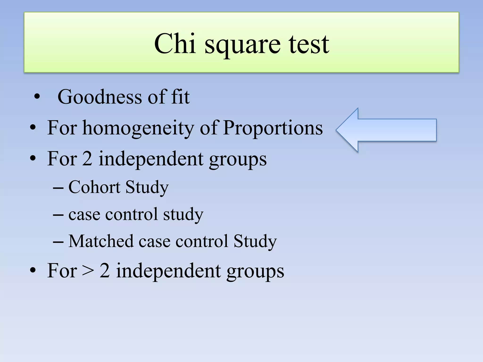 Chi square test
• Goodness of fit
• For homogeneity of Proportions
• For 2 independent groups
– Cohort Study
– case control study
– Matched case control Study

• For > 2 independent groups

 