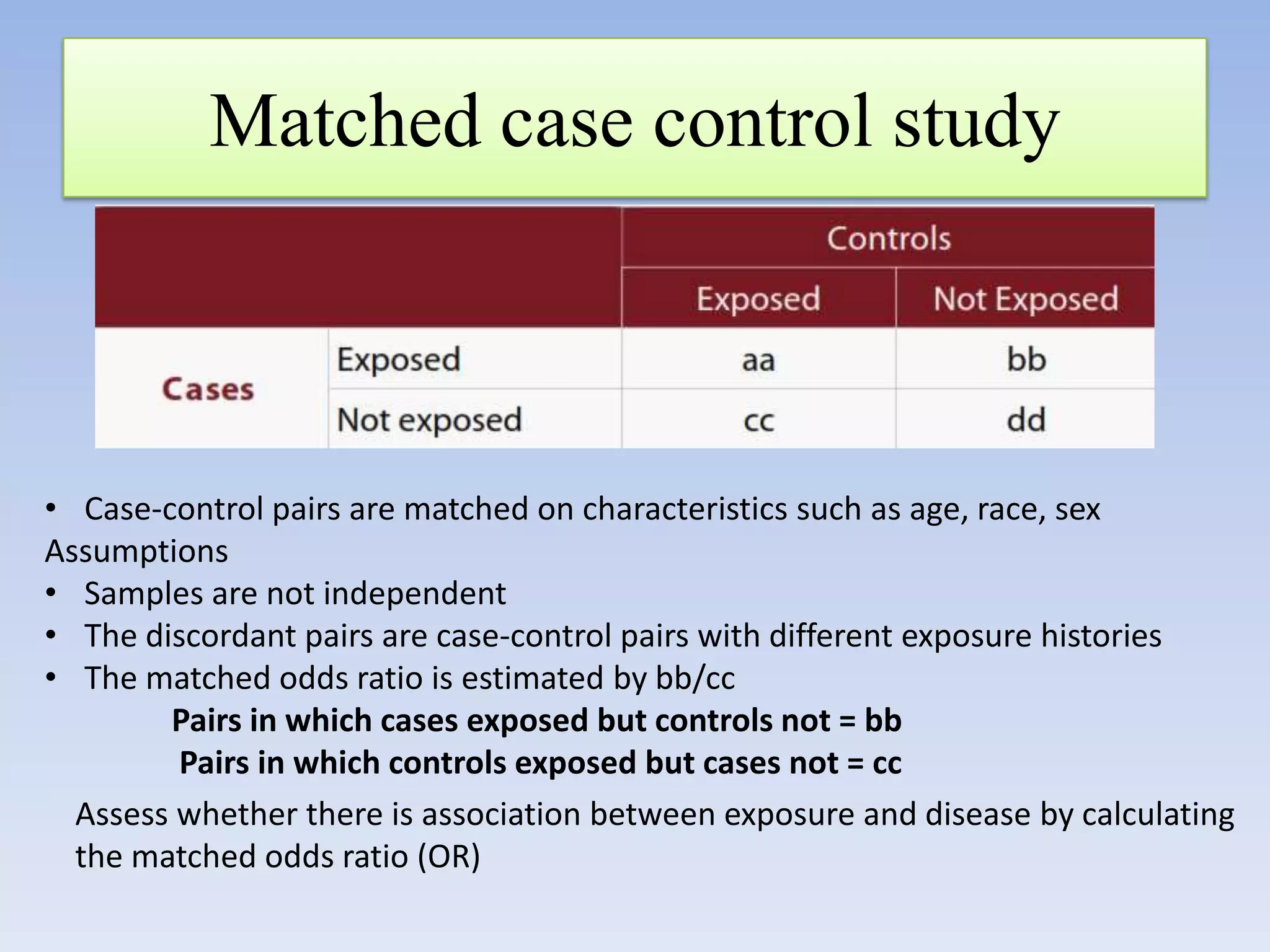Matched case control study

• Case-control pairs are matched on characteristics such as age, race, sex
Assumptions
• Samples are not independent
• The discordant pairs are case-control pairs with different exposure histories
• The matched odds ratio is estimated by bb/cc
Pairs in which cases exposed but controls not = bb
Pairs in which controls exposed but cases not = cc
Assess whether there is association between exposure and disease by calculating
the matched odds ratio (OR)

 
