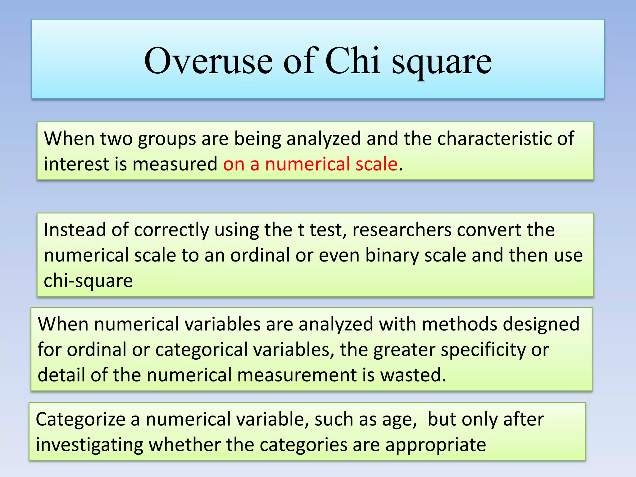 Overuse of Chi square
When two groups are being analyzed and the characteristic of
interest is measured on a numerical scale.
Instead of correctly using the t test, researchers convert the
numerical scale to an ordinal or even binary scale and then use
chi-square
When numerical variables are analyzed with methods designed
for ordinal or categorical variables, the greater specificity or
detail of the numerical measurement is wasted.
Categorize a numerical variable, such as age, but only after
investigating whether the categories are appropriate

 