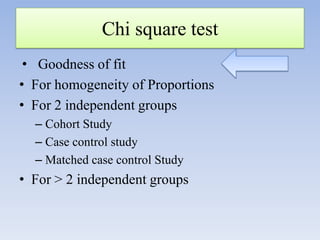 Chi square test
• Goodness of fit
• For homogeneity of Proportions
• For 2 independent groups
– Cohort Study
– Case control study
– Matched case control Study

• For > 2 independent groups

 