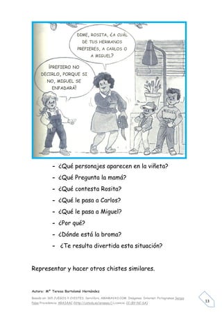 - ¿Qué personajes aparecen en la viñeta?
             - ¿Qué Pregunta la mamá?
             - ¿Qué contesta Rosita?
             - ¿Qué le pasa a Carlos?
             - ¿Qué le pasa a Miguel?
             - ¿Por qué?
             - ¿Dónde está la broma?
             - ¿Te resulta divertida esta situación?


Representar y hacer otros chistes similares.


Autora: Mº Teresa Bartolomé Hernández

Basado en: 365 JUEGOS Y CHISTES. Servilibro. AMAMAVAS:COM Imágenes Internet. Pictogramas Sergio
Palao Procedencia: ARASAAC (http://catedu.es/arasaac/) Licencia: CC (BY-NC-SA)
                                                                                                  13
 