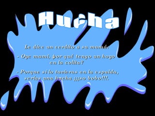 Le dice un cerdito a su mamá:  - Oye mami, ¿por qué tengo un hoyo en la colita?  - Porque si lo tuvieras en la espalda, serías una hucha ¡¡¡so bobo!!!.  Hucha 