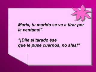 María, tu marido se va a tirar por la ventana!"  "¡Dile al tarado ese  que le puse cuernos, no alas!" 