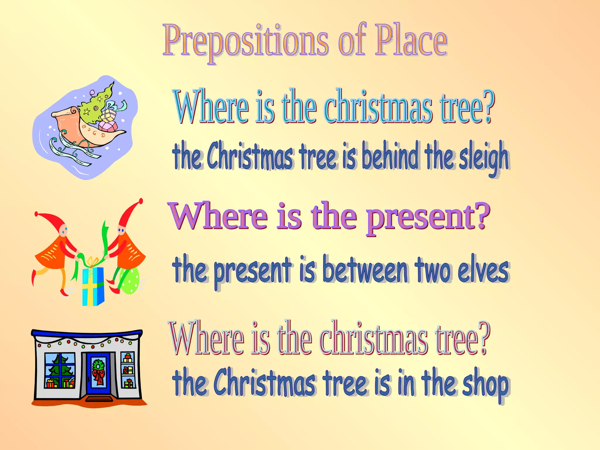 Prepositions of Place Where is the present? Where is the christmas tree? Where is the christmas tree? the Christmas tree is behind the sleigh the present is between two elves the Christmas tree is in the shop 