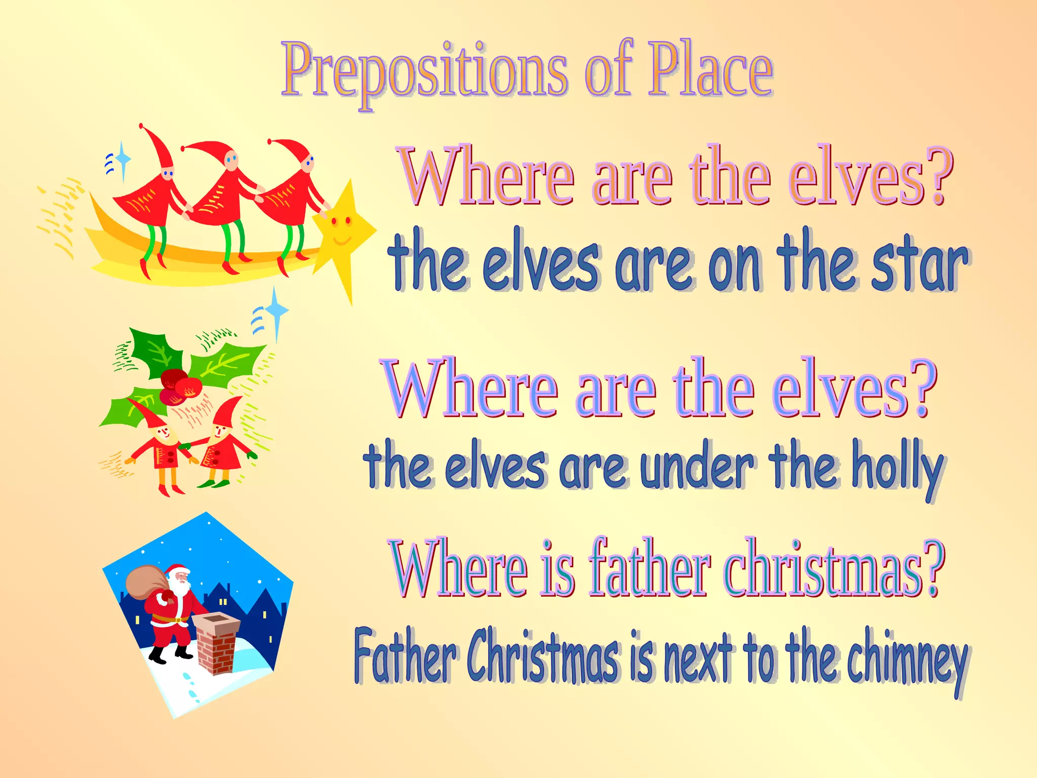 Prepositions of Place Where are the elves? Where are the elves? the elves are on the star the elves are under the holly Where is father christmas? Father Christmas is next to the chimney 