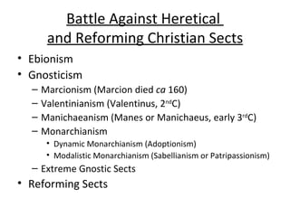 Battle Against Heretical  and Reforming Christian Sects <ul><li>Ebionism </li></ul><ul><li>Gnosticism </li></ul><ul><ul><l...