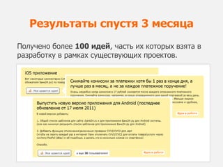 Результаты спустя 3 месяца
Получено более 100 идей, часть их которых взята в
разработку в рамках существующих проектов.
 