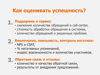 Как оценивать успешность?

1.   Поддержка и сервис:
     • снижение количества обращений в call-center,
     • стоимость обработки обращения в системах,
     • количество обращений и решенных проблем.

2.   Вовлечение, лояльность, контроль негатива:
     • NPS и CSAT,
     • % негативных упоминаний,
     • индекс вовлеченности и количество участников.

3.   Обратная связь и отзывы:
     • количество и качество обратной связи,
     • результаты от внедрения предложений.
 
