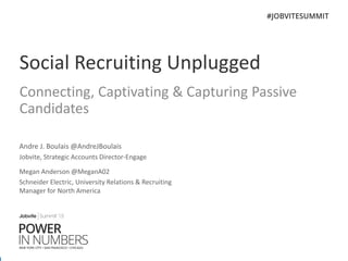 Social Recruiting Unplugged
Connecting, Captivating & Capturing Passive
Candidates
Andre J. Boulais @AndreJBoulais
Jobvite, Strategic Accounts Director-Engage
Megan Anderson @MeganA02
Schneider Electric, University Relations & Recruiting
Manager for North America
 