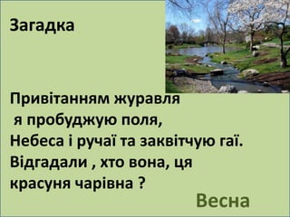 Загадка 
Привітанням журавля 
я пробуджую поля, 
Небеса і ручаї та заквітчую гаї. 
Відгадали , хто вона, ця 
красуня чарівна ? 
Весна 
 