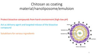 Chitosan as coating
material/nanoliposome/emulsion
Protect bioactive compounds from harsh environment (high-low pH)
Act as delivery agent and targeted release of the bioactive
compound
Solubilizers for various ingredients
26
 