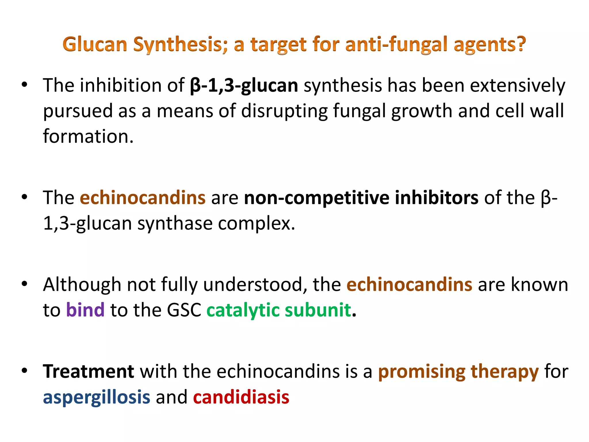 • The inhibition of β-1,3-glucan synthesis has been extensively
pursued as a means of disrupting fungal growth and cell wall
formation.
• The echinocandins are non-competitive inhibitors of the β-
1,3-glucan synthase complex.
• Although not fully understood, the echinocandins are known
to bind to the GSC catalytic subunit.
• Treatment with the echinocandins is a promising therapy for
aspergillosis and candidiasis
 