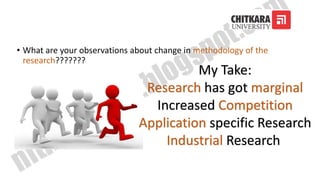 • What are your observations about change in methodology of the
research???????
My Take:
Research has got marginal
Increased Competition
Application specific Research
Industrial Research
 