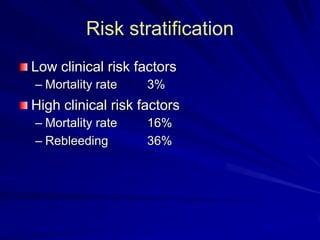 Risk stratification
Low clinical risk factors
– Mortality rate

3%

High clinical risk factors
– Mortality rate
– Rebleeding

16%
36%

 