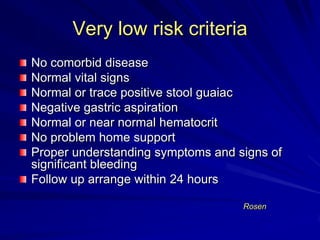 Very low risk criteria
No comorbid disease
Normal vital signs
Normal or trace positive stool guaiac
Negative gastric aspiration
Normal or near normal hematocrit
No problem home support
Proper understanding symptoms and signs of
significant bleeding
Follow up arrange within 24 hours
Rosen

 