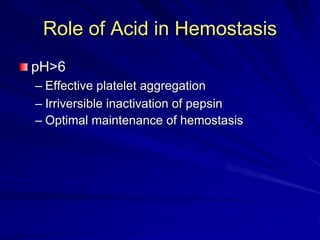 Role of Acid in Hemostasis
pH>6
– Effective platelet aggregation
– Irriversible inactivation of pepsin
– Optimal maintenance of hemostasis

 