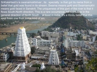 SriKalaHasti’s is swanamukhiriver , its specialty is that got its name from a
belief that gold was found in its stream. Swarna means gold and Swarnamukhi
means gold faced in Sanskrit. The uniqueness of this part of the river is that it
flows South-North direction. This is a rare occurrence. All rivers flow in the
general direction of North South... at least in India. It's a Hindu belief that this
spot frees one from some kind of sin.
 