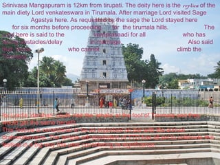 Srinivasa Mangapuram is 12km from tirupati. The deity here is the replica of the
main diety Lord venkateswara in Tirumala. After marriage Lord visited Sage
            Agastya here. As requested by the sage the Lord stayed here
    for six months before proceeding     for  the tirumala hills.           The
Lord here is said to the           varaprasaadi for all              who has
facing obstacles/delay           in marriage.                         Also said
that  those              who cannot                               climb the
Tirumala




for Lord’s ‘darshan’ could visit the ‘sthala’ at the foot of Tirumala and they
would get the same benefit.
This festival is considered to be as important on par with the annual
brahmotsavams. The temple administration of TTD has all set to celebrate this
festival in a big way this year considering its significance.
 