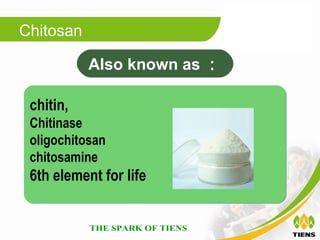 Chitosan

           Also known as ：

 chitin,
 Chitinase
 oligochitosan
 chitosamine
 6th element for life
 