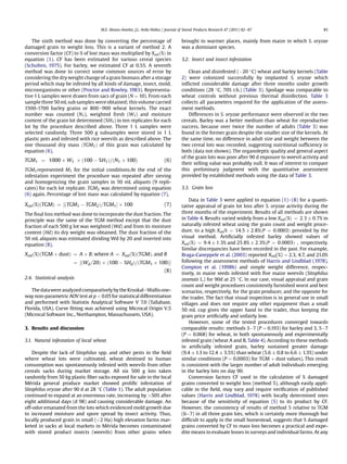 The sixth method was done by converting the percentage of
damaged grain to weight loss. This is a variant of method 2. A
conversion factor (CF) to % of lost mass was multiplied by Xrelð%Þ in
equation (1). CF has been estimated for various cereal species
(Schulten, 1975). For barley, we estimated CF at 0.55. A seventh
method was done to correct some common sources of error by
considering the dry weight change of a grain biomass after a storage
period which may be infested by all kinds of damage, insect, mold,
microorganisms or other (Proctor and Rowley, 1983). Representa-
tive 1 L samples were drawn from sacs of grain (N ¼ 10). From each
sample three 50 mL sub samples were obtained; this volume carried
1500-1700 barley grains or 800e900 wheat kernels. The exact
number was counted (N1), weighted fresh (W1) and moisture
content of the grain lot determined (%H1) in ten replicates for each
lot by the procedure described above. Three 1 L samples were
selected randomly. Three 500 g subsamples were stored in 1 L
plastic pots and infested with rice weevils as described above. The
one thousand dry mass ðTGM1Þ of this grain was calculated by
equation (6),
TGM1 ¼ 1000 Â W1 Â ð100 À %H1Þ=ðN1 Â 100Þ (6)
TGM1represented M1 for the initial conditions.At the end of the
infestation experiment the procedure was repeated after sieving
and homogenizing the grain samples in 50 mL aliquots (9 repli-
cates) for each lot replicate. TGM2 was determined using equation
(6) again. Percentage of lost mass was calculated by equation (7),
Xrelð%ÞðTGMÞ ¼ ½ðTGM1 À TGM2Þ=TGM1Š Â 100 (7)
The ﬁnal loss method was done to incorporate the dust fraction. The
principle was the same of the TGM method except that the dust
fraction of each 500 g lot was weighted (Wd) and from its moisture
content (Hd) its dry weight was obtained. The dust fraction of the
50 mL aliquots was estimated dividing Wd by 20 and inserted into
equation (8),
Xrelð%ÞðTGM þ dustÞ ¼ A þ B; where A ¼ Xrelð%ÞðTGMÞ; and B
¼ ½ðWd=20Þ Â ð100 À %HdÞ=ðTGM1 Â 100ÞŠ
(8)
2.4. Statistical analysis
Thedatawere analyzedcomparatively by the KruskaleWallisone-
way non-parametric AOV test at p  0.05 for statistical differentiation
and performed with Statistix Analytical Software V 7.0 (Tallahase,
Florida, USA). Curve ﬁtting was achieved using Microcal Origin V.5
(Microcal Software Inc., Northampton, Massachussets, USA).
3. Results and discussion
3.1. Natural infestation of local wheat
Despite the lack of Sitophilus spp. and other pests in the ﬁeld
where wheat lots were cultivated, wheat destined to human
consumption was spontaneously infested with weevils from other
cereals sacks during market storage. All six 500 g lots taken
randomly from 50 kg plastic ﬁber sacks exposed for sale in the local
Mérida general produce market showed proliﬁc infestation of
Sitophilus oryzae after 90 d at 28 C (Table 1). The adult population
continued to expand at an enormous rate, increasing by 50% after
eight additional days (d 98) and causing considerable damage. An
off-odor emanated from the lots which evidenced mold growth due
to increased moisture and spore spread by insect activity. Thus,
locally produced grain in small (2 Ha) high elevation farms mar-
keted in sacks at local markets in Mérida becomes contaminated
with stored product insects (weevils) from other grains when
brought to warmer places, mainly from maize in which S. oryzae
was a dominant species.
3.2. Insect and insect infestation
Clean and disinfested (À20 C) wheat and barley kernels (Table
2) were colonized successfully by implanted S. oryzae which
inﬂicted considerable damage after three months under growth
conditions (28 C, 70% r.h.) (Table 3). Spoilage was comparable to
wheat controls without previous thermal disinfection. Table 3
collects all parameters required for the application of the assess-
ment methods.
Differences in S. oryzae performance were observed in the two
cereals. Barley was a better medium than wheat for reproductive
success, because over twice the number of adults (Table 3) was
found in the former grain despite the smaller size of the kernels. At
the same time, no difference in adult size and weight between the
two cereal lots was recorded, suggesting nutritional sufﬁciency in
both (data not shown). The organoleptic quality and general aspect
of the grain lots was poor after 90 d exposure to weevil activity and
their selling value was probably null. It was of interest to compare
this preliminary judgment with the quantitative assessment
provided by established methods using the data of Table 3.
3.3. Grain loss
Data in Table 3 were applied to equation (1)e(8) for a quanti-
tative appraisal of grain lot loss after S. oryzae activity during the
three months of the experiment. Results of all methods are shown
in Table 4. Results varied widely from a low Xrelð%Þ ¼ 2:3 Æ 0:7% in
naturally infested wheat using the grain count and weight proce-
dure, to a high Xrel% ¼ 14:5 Æ 2:8%ðP ¼ 0:0003Þ provided by the
visual method. Artiﬁcially infested barley showed values of
Xrelð%Þ ¼ 9:4 Æ 1:3% and 25:8% Æ 2:3%ðP ¼ 0:0003Þ , respectively.
Similar discrepancies have been recorded in the past. For example,
Braga-Caneppele et al. (2003) reported Xrel(%) ¼ 2.3, 4.7, and 21.0%
following the assessment methods of Harris and Lindblad (1978),
Compton et al. (1998b) and simple weight difference, respec-
tively, in maize seeds infested with ﬁve maize weevils (Sitophilus
zeamais L.) for 90d at 25 C. In our case, visual appraisal and grain
count and weight procedures consistently furnished worst and best
scenarios, respectively, for the grain producer, and the opposite for
the trader. The fact that visual inspection is in general use in small
villages and does not require any other equipment than a small
50 mL cup gives the upper hand to the trader, thus keeping the
grain price artiﬁcially and unfairly low.
However, some of the tested procedures converged towards
comparable results: methods 3À7 (P ¼ 0.193) for barley and 3, 5À7
(P ¼ 0.068) for wheat, in both spontaneously and experimentally
infested grain (wheat A and B, Table 4). According to these methods
in artiﬁcially infested grain, barley sustained greater damage
(9.4 Æ 1.3 to 12.4 Æ 3.5%) than wheat (5.6 Æ 0.8 to 6.6 Æ 1.3%) under
similar conditions (P ¼ 0.0003) for TGM þ dust values). This result
is consistent with the larger number of adult individuals emerging
in the barley lots on day 90.
Conversion factors CF used in the calculation of % damaged
grains converted to weight loss (method 5), although easily appli-
cable in the ﬁeld, may vary and require veriﬁcation of published
values (Harris and Lindblad, 1978) with locally determined ones
because of the sensitivity of equation (5) to its product by CF.
However, the consistency of results of method 5 relative to TGM
(6e7) in all three grain lots, which is certainly more thorough but
difﬁcult to apply in the small homestead, suggests that % damaged
grains converted by CF to mass loss becomes a practical and expe-
dite means to evaluate losses in surveys and individual farms. At any
M.E. Alonso-Amelot, J.L. Avila-Núñez / Journal of Stored Products Research 47 (2011) 82e87 85
 