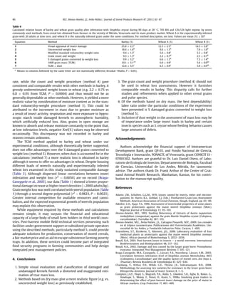 rate, while the count and weight procedure (method 4) gave
consistent and comparable results with other methods in barley, it
grossly underestimated weight losses in wheat (e.g. 2.2 Æ 0.7% vs
6.0 Æ 0.9% from TGM, P ¼ 0.0004) and thus would not be as
generally dependable as other methods. However, it yielded a more
realistic value by consideration of moisture content as in the stan-
dard volume/dry-weight procedure (method 3). This could be
attributed to the increment in mass due to greater moisture as
a result of insect activity, respiration and more exposure to hygro-
scopic starch inside damaged kernels to atmospheric humidity,
which artiﬁcially reduced loss. Also, grains in open storage are
known to absorb and release moisture constantly to the point that,
at low infestation levels, negative Xrel(%) values may be observed
occasionally. This discrepancy was not recorded in barley and
reasons remain unknown.
The TGM method applied to barley and wheat under our
experimental conditions, although theoretically better supported,
does not offer advantages over the % damaged grains converted to
weight loss (method 5). However, when dust is accounted for in the
calculations (method 7) a more realistic loss is obtained in barley
although it seems to offer no advantages in wheat. Despite housing
different loads of weevils naturally and experimentally infested
wheat lots examined in this study sustained comparable damage
(Table 3). Although dispersed linear correlations between insect
infestation and weight loss (r2
¼ 0.6050) are on record (Braga-
Caneppele et al., 2003), our data (Table 1) showed a lower propor-
tional damage increase at higher insect densities (2000 adults/kg).
Grain weight loss was well correlated with weevil population (Table
1) through a second degree polynomial (r2
¼ 0.9823, P ¼ 0.0023).
Greater internal competition for available resources and canni-
balism, and the expected exponential growth of weevils population
may explain this observation.
While equipment required by these methods and calculations
remains simple, it may surpass the ﬁnancial and educational
capacity of a large body of small farm holders in third world coun-
tries. Post-harvest mobile ﬁeld technical services possessing such
facilities under government support or subsidized private operators
using the described methods, particularly method 5, could provide
adequate solutions for production, conservation of stored cereals,
a fair market price and an aid to escape subsistence farming poverty
traps. In addition, these services could become part of integrated
food security programs in farming communities and help design
integrated pest management policies.
4. Conclusions
1. Simple visual evaluation and classiﬁcation of damaged and
undamaged kernels furnish a distorted and exaggerated esti-
mation of true mass loss.
2. Methods based on dry mass give a more realistic ﬁgure (e.g. vs.
uncorrected weight loss) as previously established.
3. The grain count and weight procedure (method 4) should not
be used in wheat loss assessments. However it furnishes
comparable results in barley. This disparity calls for further
studies and reﬁnements when applied to other cereal grains
and pulse species.
4. Of the methods based on dry mass, the best dependability/
labor ratio under the particular conditions of the experiment
here presented is % damaged grains converted to weight loss
(method 5).
5. Inclusion of dust weight in the assessment of mass loss may be
of importance under large insect loads in barley and certain
insects species such as S. oryzae whose feeding behavior causes
large amounts of debris.
Acknowledgements
Authors acknowledge the ﬁnancial support of Interamerican
Development Bank, grant QF-01, and Fondo Nacional de Ciencia,
Tecnología e Innovación, FONACIT, of Venezuela, grant CONICIT S1-
97001302. Authors are grateful to Dr. Luis Daniel Otero, of Labo-
ratorio de Ecología de Insectos, Departamento de Biología, Facultad
de Ciencias, Universidad de Los Andes, Mérida, for taxonomic
advice. The authors thank Dr. Frank Arthur of the Center of Grai-
nand Animal Health Research, Manhattan, Kansas, for his contri-
bution to the manuscript quality.
References
Adams, J.M., Schulten, G.G.M., 1976. Losses caused by insects, mites and microor-
ganisms. In: Harris, K.L., Linblad, C.J. (Eds.), Postharvest Grain Loss Assessment
Methods. American Association of Cereal Chemists, Slough, England, pp. 83e89.
Adedire, C.O., Ajayi, T.S., 1996. Assessment of insecticidal properties of some plants
as grain protectants against the maize weevil Sitophilus zeamays (Mots).
Nigerian Journal of Entomology 13, 93e101.
Alonso-Amelot, M.E., 1992. Feeding Deterrency of Extracts of Austro eupatorium
inulaefolium (compositae) against the grain bleetle Sitophilus oryzae (Coleptera,
curculionidae). Turrialba 42, 187e191.
Alonso-Amelot, M.E., Ávila-Núñez, J.L., Calcagno Pissarelli, M.P., 2009. Los cereales
en el trópico suramericano. Publicaciones del Vicerrectorado Académico. Uni-
versidad de los Andes, y Fundación Industrias Polar, Caracas. 1e450.
Arannilewa, S.T., Ekrakene, T., Akinnete, J.O., 2006. Laboratory evaluation of four
medicinal plants as protectants against the maize weevil Sitophilus zeamays
(Mots). African Journal of Biotechnology 5, 2032e2036.
Boxall, R.A., 2001. Post-harvest losses to insects e a world overview. International
Biodeterioration and Biodegradation 48, 137e152.
Boxall, R.A., 2002. Damage and loss caused by the larger grain borer Prostephanus
truncatus. Integrated Pest Management Reviews 7, 105e121.
Braga-Caneppele, M.A., Caneppele, C., Lázzari, F.A., Noemberg- Lázzari, S.M., 2003.
Correlation between infestation level of Sitophilus zeamais Motschulsky, 1855
(Coleoptera, Curculionidae) and the quality factors of stored corn, Zea mays L.
(Poaceae). Revista Brasileira de Entomologia 47, 625e630.
Chanbang, Y., Arthur, F.H., Wilde, G.E., Throne, J.E., Subramanyam, B.H., 2008.
Methodology for assessing rice varieties for resistance to the lesser grain borer
Rhizopertha dominica. Journal of Insect Science 8, 1e5.
Compton, J.A.F., Floyd, S., Magrath, P.A., Addo, S., Gbedevi, S.R., Agbo, B., Bokor, G.,
Amekupe, S., Motey, Z., Penni, H., Kumi, S., 1998a. Involving grain traders in
determining the effect of post-harvest insect damage on the price of maize in
African markets. Crop Protection 17, 483e489.
Table 4
Calculated relative losses of barley and wheat grain quality after infestation with Sitophilus oryzae during 90 days at 28 C, 70% RH and 12h/12h light regime, by seven
commonly used methods, from cereal lots obtained from farmers in the vicinity of Mérida, Venezuela and its main produce market. Wheat A is the experimentally infested
grain with 20 adults at time zero, and wheat B is the naturally infested grain under the same conditions. For method description, see text. Values are mean (%) Æ SDa
Equation Method Barley (%) Wheat A (%) Wheat B (%)
1 Visual appraisal of insect damage 25.8 Æ 2.3a
12.5 Æ 2.5a
14.5 Æ 2.8a
2 Uncorrected weight loss 18.6 Æ 1.4b
8.6 Æ 1.5b
7.0 Æ 1.0b
3 Modiﬁed standard volume/dry-weight ratio 9.4 Æ 1.3c
5.6 Æ 0.8c
5.3 Æ 0.8c
4 Grain count and weight 9.3 Æ 1.3c
2.2 Æ 0.7d
2.3 Æ 0.7d
5 % damaged grains converted to weight loss 9.9 Æ 3.2c
6.6 Æ 1.3b
7.3 Æ 1.4b
6 1000 grain mass (TGM) 10.1 Æ 3.1cd
6.0 Æ 0.9c
5.6 Æ 0.9bc
7 TGM þ dust 12.4 Æ 3.5c
6.3 Æ 0.9c
5.9 Æ 0.9bc
a
Means in columns followed by the same letter are not statistically different (KruskaleWallis, P  0.05).
M.E. Alonso-Amelot, J.L. Avila-Núñez / Journal of Stored Products Research 47 (2011) 82e8786
 