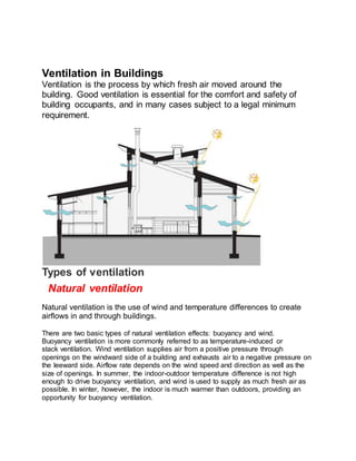 Ventilation in Buildings
Ventilation is the process by which fresh air moved around the
building. Good ventilation is essential for the comfort and safety of
building occupants, and in many cases subject to a legal minimum
requirement.
Types of ventilation
Natural ventilation
Natural ventilation is the use of wind and temperature differences to create
airflows in and through buildings.
There are two basic types of natural ventilation effects: buoyancy and wind.
Buoyancy ventilation is more commonly referred to as temperature-induced or
stack ventilation. Wind ventilation supplies air from a positive pressure through
openings on the windward side of a building and exhausts air to a negative pressure on
the leeward side. Airflow rate depends on the wind speed and direction as well as the
size of openings. In summer, the indoor-outdoor temperature difference is not high
enough to drive buoyancy ventilation, and wind is used to supply as much fresh air as
possible. In winter, however, the indoor is much warmer than outdoors, providing an
opportunity for buoyancy ventilation.
 