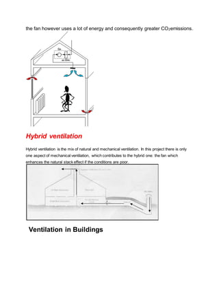 the fan however uses a lot of energy and consequently greater CO2emissions.
Hybrid ventilation
Hybrid ventilation is the mix of natural and mechanical ventilation. In this project there is only
one aspect of mechanical ventilation, which contributes to the hybrid one: the fan which
enhances the natural stack effect if the conditions are poor.
Ventilation in Buildings
 
