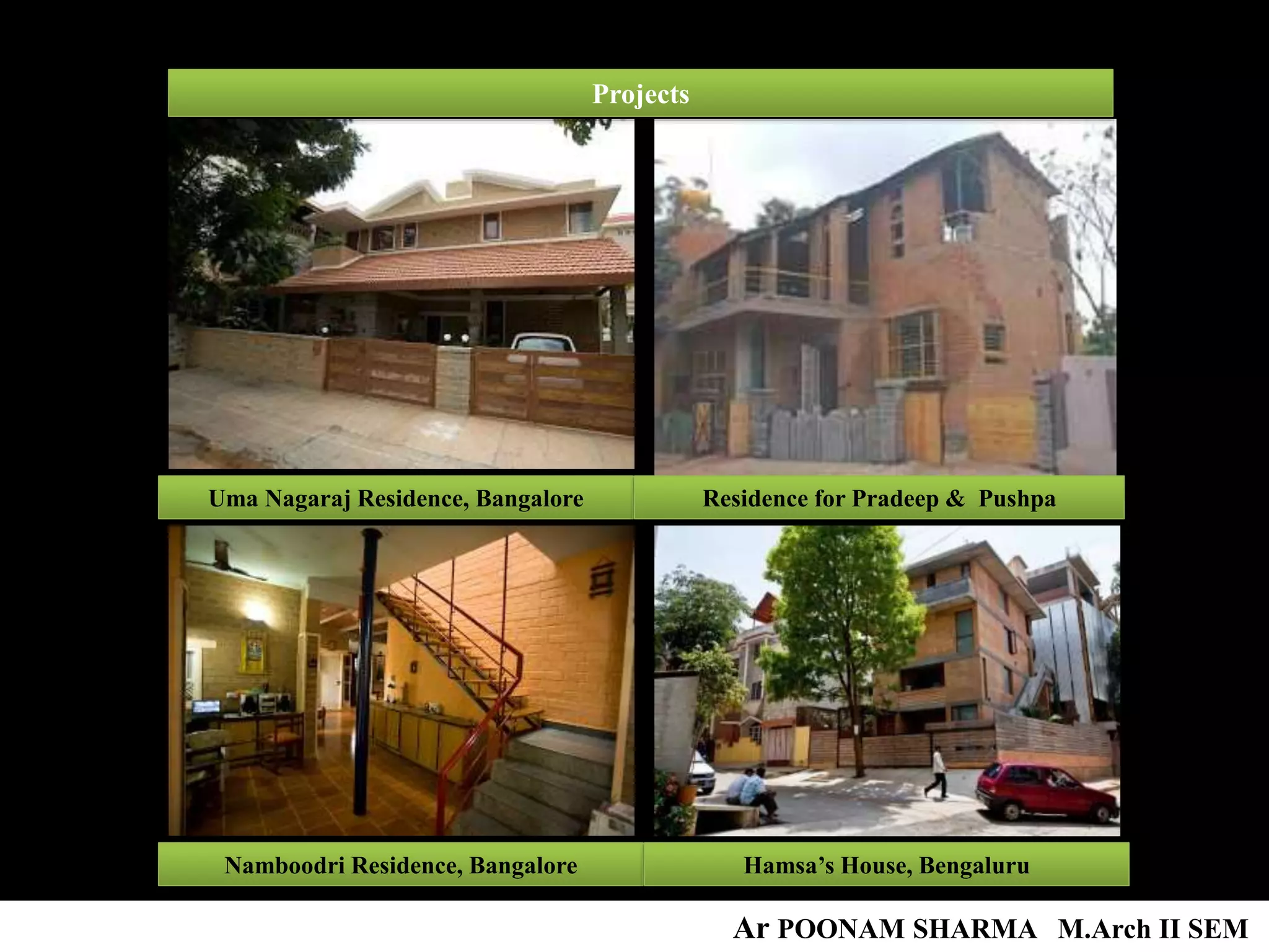 Uma Nagaraj Residence, Bangalore
Namboodri Residence, Bangalore
Residence for Pradeep & Pushpa
Hamsa’s House, Bengaluru
Projects
Ar POONAM SHARMA M.Arch II SEM
 