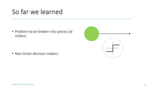 Evolution of Deep Learning
So far we learned
• Problem to be broken into pieces (at
nodes).
• Non-linear decision makers.
19
 