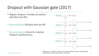 Evolution of Deep Learning
Dropout with Gaussian gate (2017)
• Regular dropout: multiply activations
with Bernoulli RVs.
• Generalization: Multiply with any RV.
• Gaussian gates is found to improve
dropout’s performance.
33
!"
!#
!$
!%
~'(!)(+)
~'(!)(+)
~'(!)(+)
~'(!)(+)
~-(0,1)
~-(0,1)
~-(0,1)
~-(0,1)
Molchanov, D., Ashukha, A.,&Vetrov, D. (2017). Variational dropout sparsifies deep
neural networks. arXiv preprint arXiv:1701.05369.
 