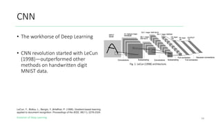 Evolution of Deep Learning
CNN
• The workhorse of Deep Learning
• CNN revolution started with LeCun
(1998)—outperformed other
methods on handwritten digit
MNIST data.
58
LeCun, Y., Bottou, L., Bengio, Y.,&Haffner, P. (1998). Gradient-based learning
applied to document recognition. Proceedings of the IEEE, 86(11), 2278-2324.
Fig. 1. LeCun (1998) architecture.
 