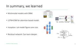 Evolution of Deep Learning
In summary, we learned
• Multimodal models with DBM.
• LSTM+CNN for attention based model.
• Inception: Let model figure conv size.
• Residual network: Can learn deeper.
67
Yellow,
flower
 