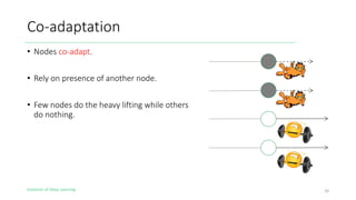 Evolution of Deep Learning
Co-adaptation
• Nodes co-adapt.
• Rely on presence of another node.
• Few nodes do the heavy lifting while others
do nothing.
29
 