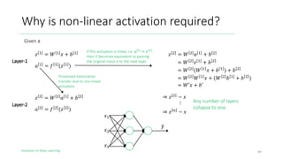 Evolution of Deep Learning
Why is non-linear activation required?
69
!"
!#
!$
%&
Given !
' " = ) " ! + + "
, " = - " (' " )
' #
= ) #
, "
+ + #
, #
= - #
(' #
)
Layer-1
Layer-2
' # = ) # , " + + #
= ) # ' " + + #
= ) #
() "
! + + "
) + + #
= ) #
) "
! + () #
+ "
+ + #
)
= )′! + +′
⇒ ' #
~	!
⇒ ' 4 ~	!
⋮ Any number of layers
collapse to one.
Processed information
transfer due to non-linear
activation
If this activation is linear, i.e. , "
= ' "
,
then it becomes equivalent to passing
the original input ! to the next layer.
 