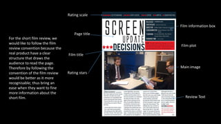 Rating scale
Page title
Film title
Rating stars
Film information box
Film plot
Main image
Review Text
For the short film review, we
would like to follow the film
review convention because the
real product have a clear
structure that draws the
audience to read the page.
Therefore by following the
convention of the film review
would be better as it more
recognisable; thus bring an
ease when they want to fine
more information about the
short film.
 