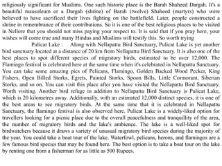 religiously significant for Muslims. One such historic place is the Barah Shaheed Dargah. It's a
beautiful mausoleum or a Dargah (shrine) of Barah (twelve) Shaheed (martyrs) who were
believed to have sacrificed their lives fighting on the battlefield. Later, people constructed a
shrine in remembrance of their contributions. So it is one of the best religious places to be visited
in Nellore that you should not miss paying your respect to. It is said that if you pray here, your
wishes will come true and many Hindus and Muslims will testify this. So worth trying
Pulicat Lake : Along with Nellapattu Bird Sanctuary, Pulicat Lake is yet another
bird sanctuary located at a distance of 20 km from Nellapattu Bird Sanctuary. It is also one of the
best places to spot different species of migratory birds, estimated to be over 12,000. The
Flamingo festival is celebrated here at the same time when it's celebrated in Nellapattu Sanctuary.
You can take some amazing pics of Pelicans, Flamingo, Golden Backed Wood Pecker, King
Fishers, Open Billed Storks, Egrets, Painted Storks, Spoon Bills, Little Cormorant, Siberian
Storks, and so on. You can visit this place after you have visited the Nellapattu Bird Sanctuary.
Worth visiting. Another bird refuge in addition to Nellapattu Bird Sanctuary is Pulicat Lake,
which is 20 kilometres away. Additionally, with an estimated 12,000 distinct species, it is one of
the best areas to see migratory birds. At the same time that it is celebrated in Nellapattu
Sanctuary, the flamingo festival is also observed here. Pulicat Lake is a widely-liked option for
travellers looking for a picnic place due to the overall peacefulness and tranquillity of the area,
the number of migratory birds and the lake's ambience. The lake is a well-liked spot for
birdwatchers because it draws a variety of unusual migratory bird species during the majority of
the year. You could take a boat tour of the lake. Waterfowl, pelicans, herons, and flamingos are a
few famous bird species that may be found here. The best option is to take a boat tour on the lake
by renting one from a fisherman for as little as 500 Rupees.
 