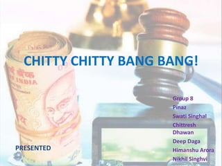 CHITTY CHITTY BANG BANG!

PRESENTED

Group 8
Pinaz
Swati Singhal
Chittresh
Dhawan
Deep Daga
Himanshu Arora
Nikhil Singhvi

 