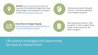 Life science ontologies and taxonomies
So many to choose from!
BioPortal https://bioportal.bioontology.org/
repository of ...