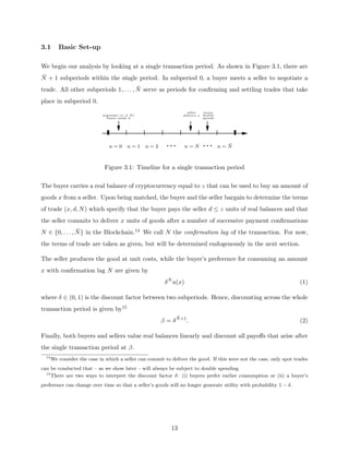 3.1 Basic Set-up
We begin our analysis by looking at a single transaction period. As shown in Figure 3.1, there are
N̄ + 1 subperiods within the single period. In subperiod 0, a buyer meets a seller to negotiate a
trade. All other subperiods 1, . . . , N̄ serve as periods for confirming and settling trades that take
place in subperiod 0.
n = 0 n = 1 n = 2 ... n = N̄
buyer sends d
seller
n = N
double
buyer
spends
delivers x
negotiate (x, d, N)
...
Figure 3.1: Timeline for a single transaction period
The buyer carries a real balance of cryptocurrency equal to z that can be used to buy an amount of
goods x from a seller. Upon being matched, the buyer and the seller bargain to determine the terms
of trade (x, d, N) which specify that the buyer pays the seller d ≤ z units of real balances and that
the seller commits to deliver x units of goods after a number of successive payment confirmations
N ∈ {0, . . . , N̄} in the Blockchain.14 We call N the confirmation lag of the transaction. For now,
the terms of trade are taken as given, but will be determined endogenously in the next section.
The seller produces the good at unit costs, while the buyer’s preference for consuming an amount
x with confirmation lag N are given by
δN
u(x) (1)
where δ ∈ (0, 1) is the discount factor between two subperiods. Hence, discounting across the whole
transaction period is given by15
β = δN̄+1
. (2)
Finally, both buyers and sellers value real balances linearly and discount all payoffs that arise after
the single transaction period at β.
14
We consider the case in which a seller can commit to deliver the good. If this were not the case, only spot trades
can be conducted that – as we show later – will always be subject to double spending.
15
There are two ways to interpret the discount factor δ: (i) buyers prefer earlier consumption or (ii) a buyer’s
preference can change over time so that a seller’s goods will no longer generate utility with probability 1 − δ.
13
 